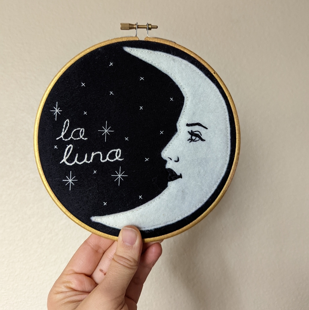 Hand-stitched Moon Embroidery Hoop Art
